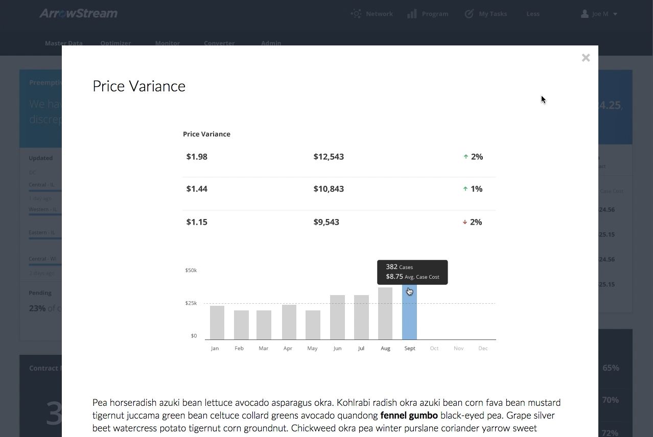 Still from the animated Sketch mock-up: the Price Variance modal